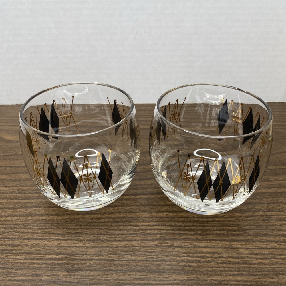 Vintage Federal Glass MCM Gold Black Harlequin Roly Poly Atomic Set of 2 Barware